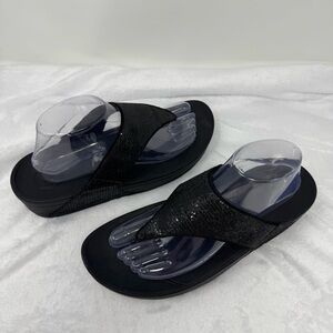 Fitflop Lulu Glitzy Wedge Flip Flop Black‎ Sequined Sandal Size 10